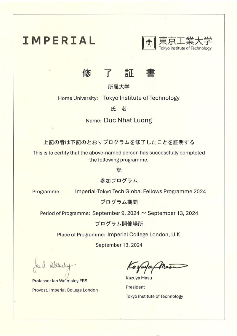 Completion certificate for the Imperial-Tokyo Tech Global Fellows Programme 2024